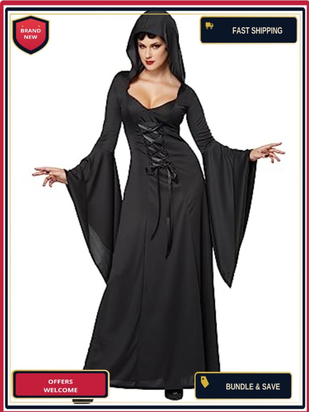 Deluxe Hooded Robe Full Length Lace Up Costume Dress